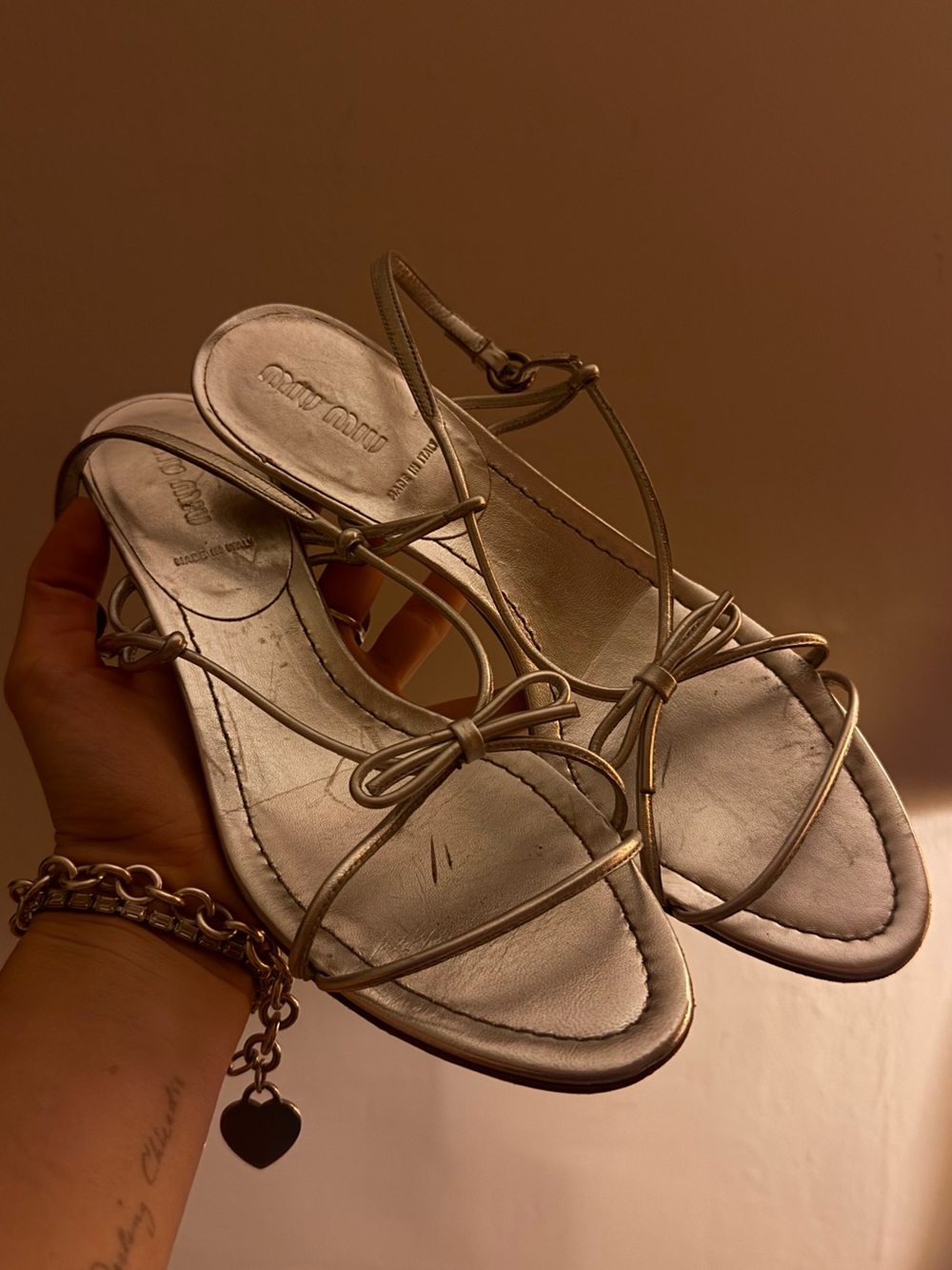 Miu Miu Silver Bow-Strap Kitten Heel Sandals